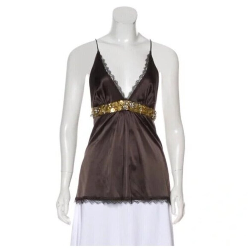 Kaufmanfranco metálico silk spaghetti strap luxury top embellishment size L